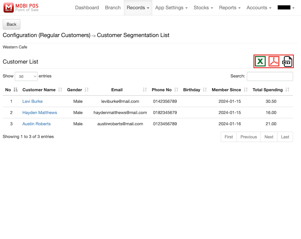 mobi-pos export customer segmentation list