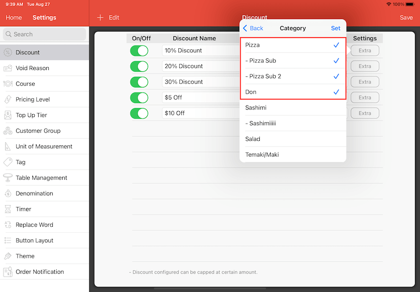 pos system discount category selection