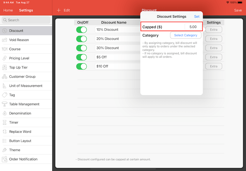 pos system discount preset percentage capped