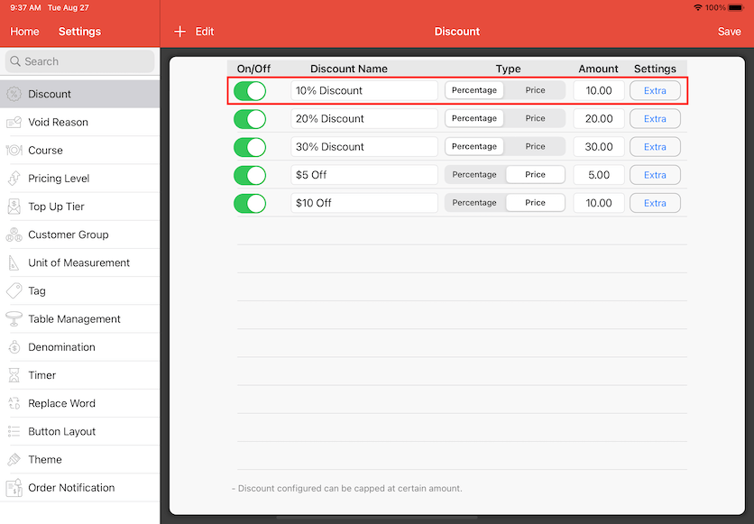 pos system discount preset percentage