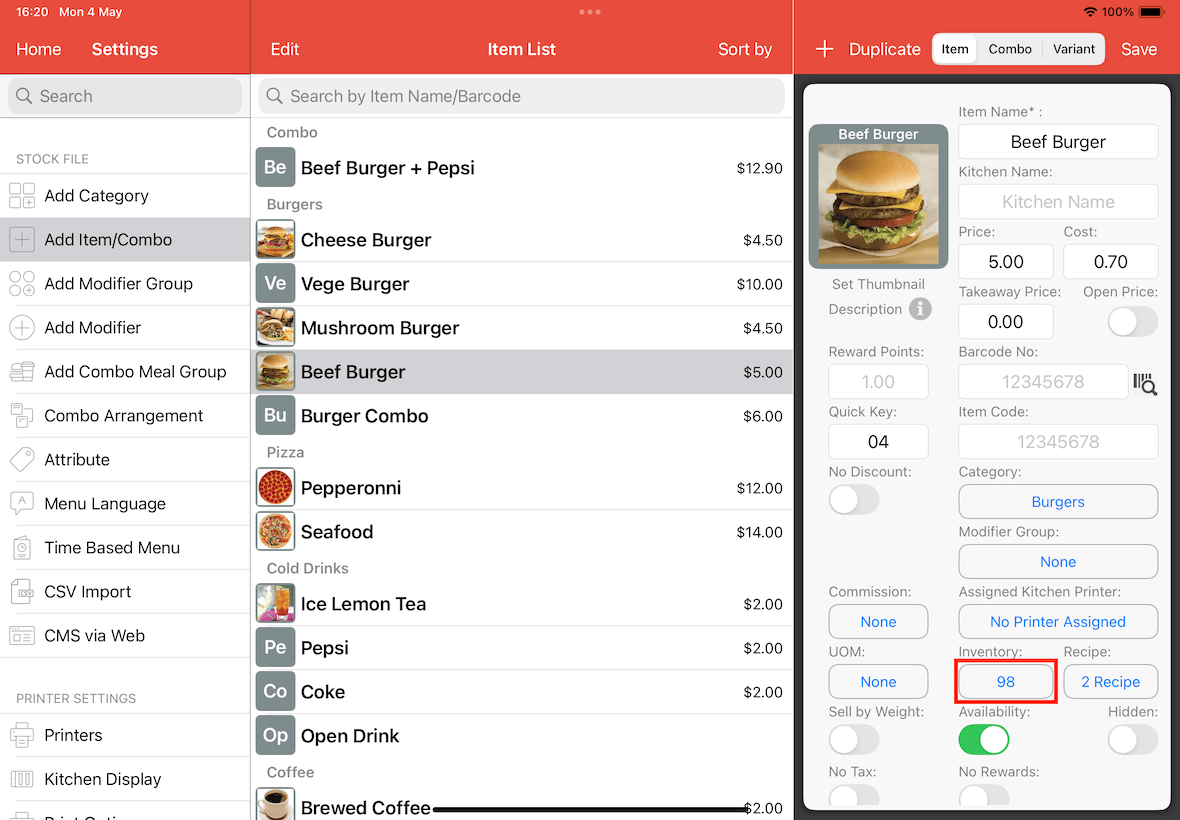 beef burger inventory deducted