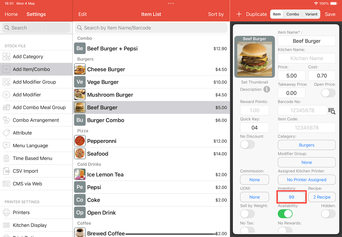 beef burger inventory