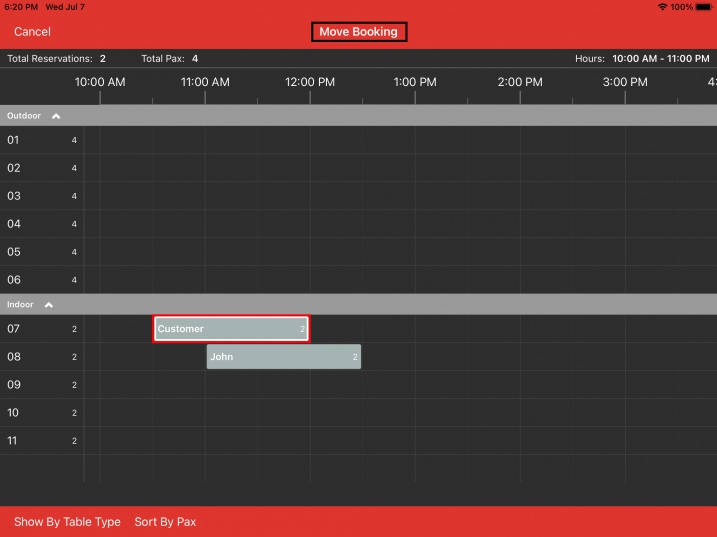 highlighted booking above to move