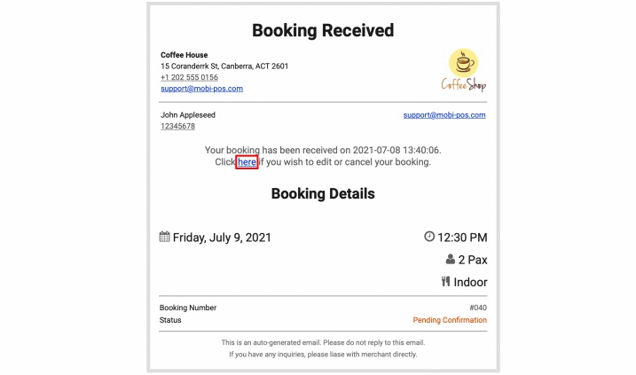 booking received email details