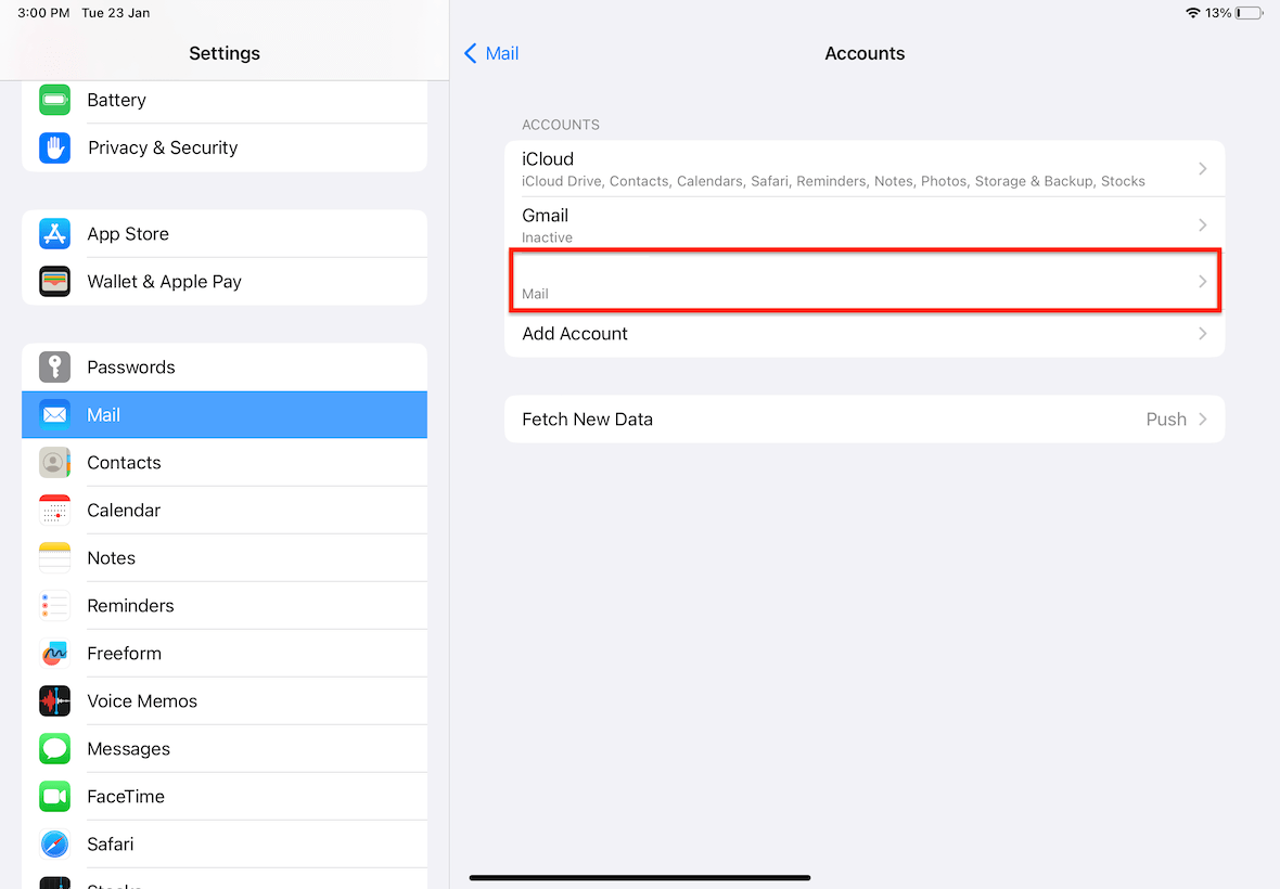 ipad settings mail