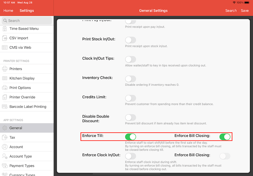 pos system enforce till settings