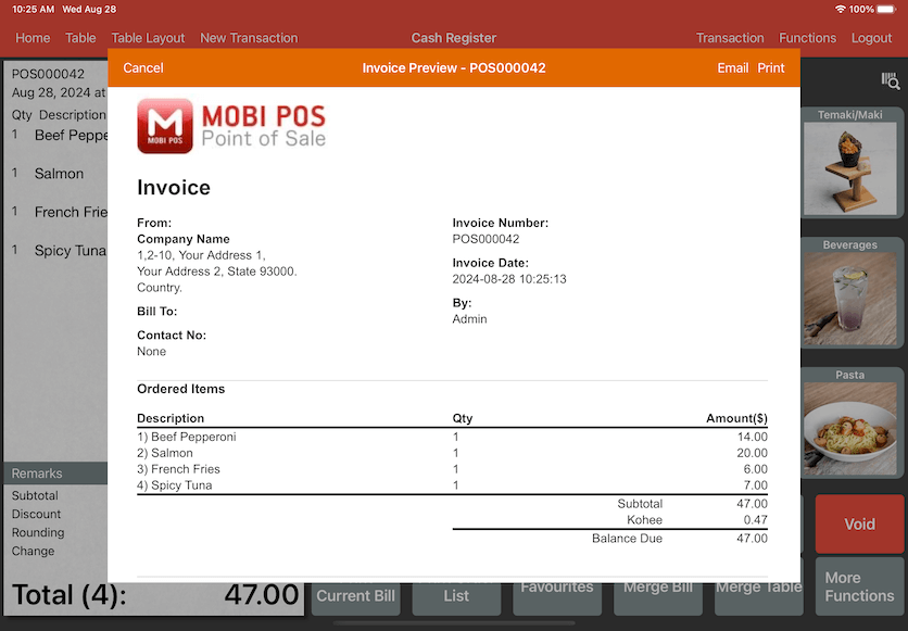 mobipos generate invoice print email