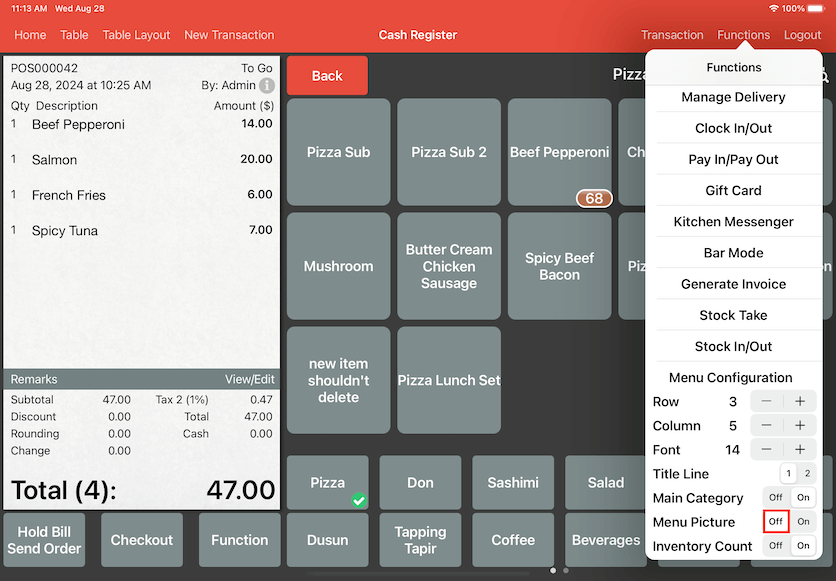 mobipos menu picture off