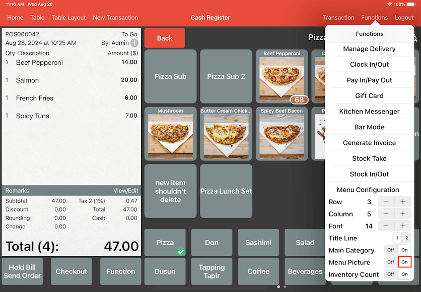 mobipos menu picture on