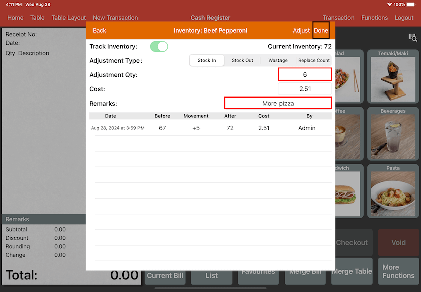 mobipos stock in out inventory setting