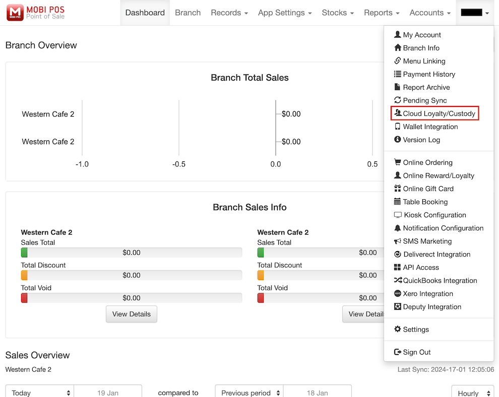 mobi-pos dashboard account cloud loyalty/custody