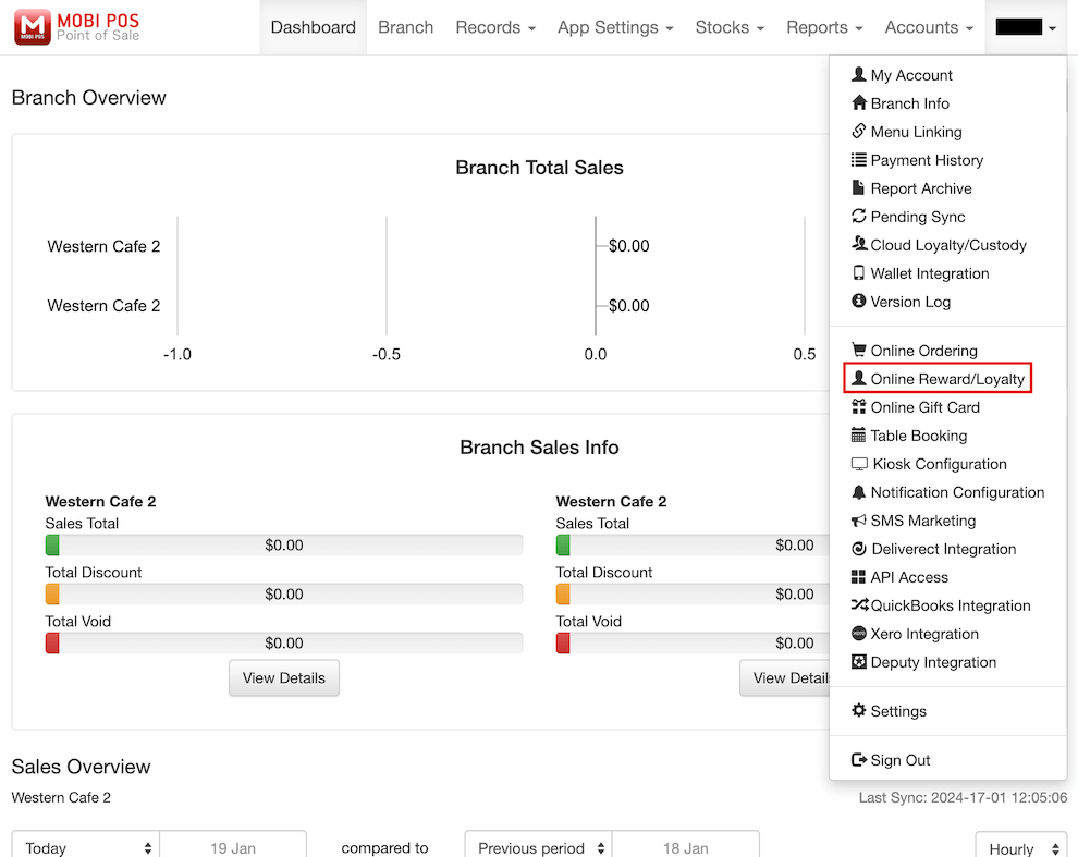 mobi-pos dashboard account online reward/loyalty