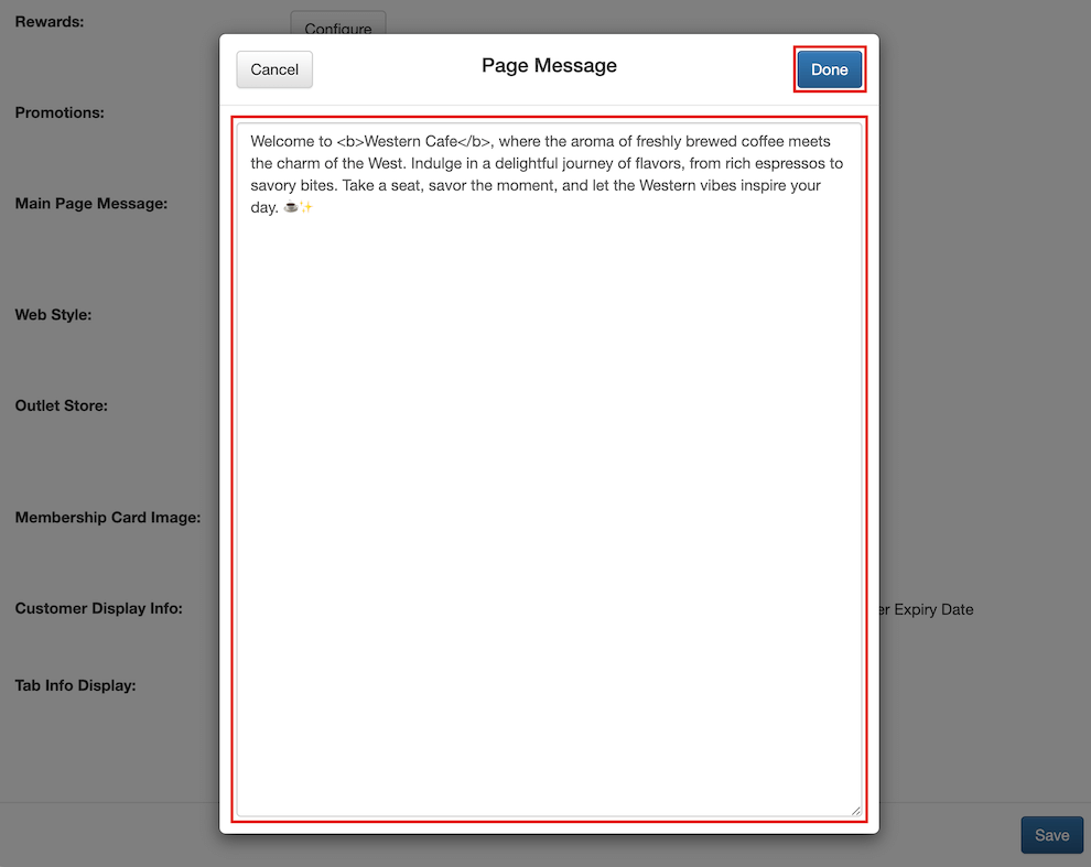 mobi-pos enter page message