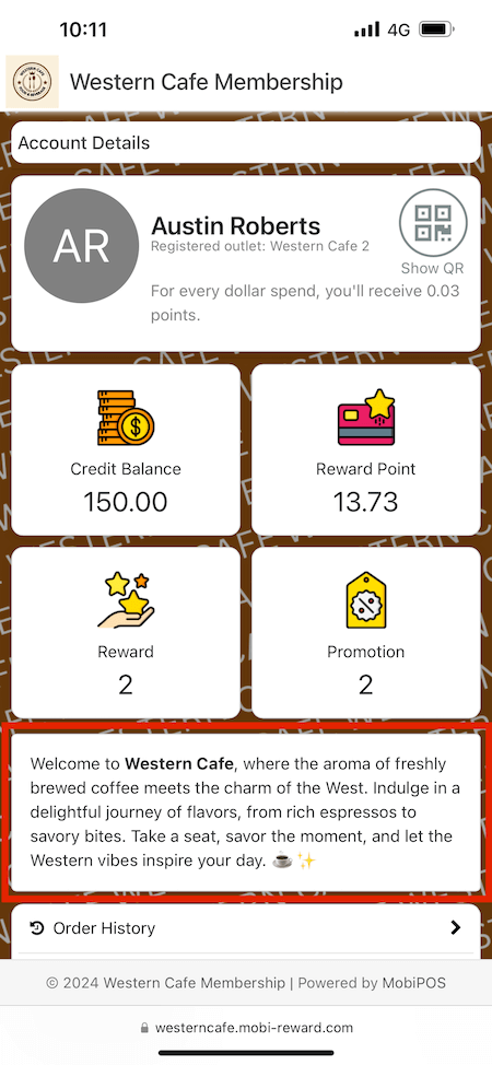 mobi-pos reward main page message