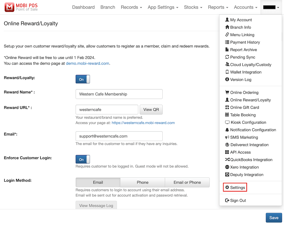 mobi-pos username settings