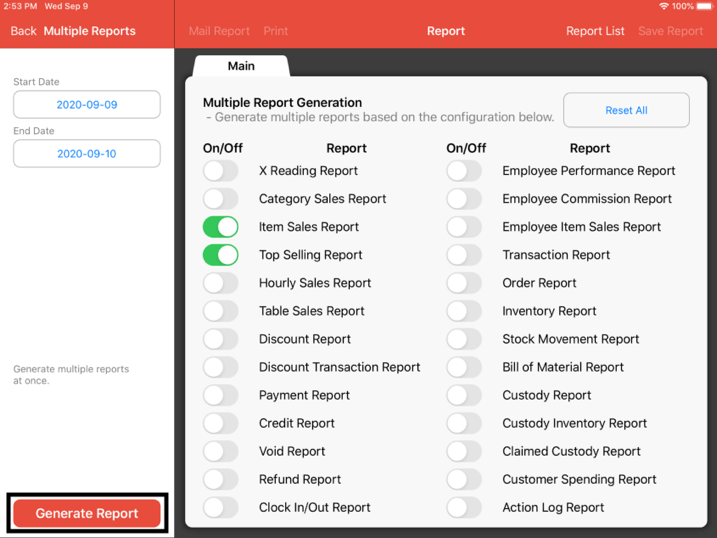 generate report shift settings