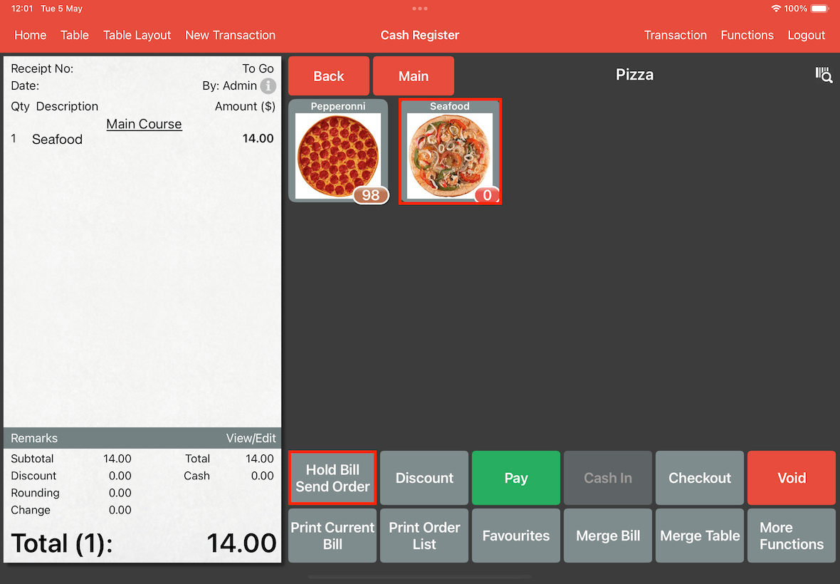 cash register order page
