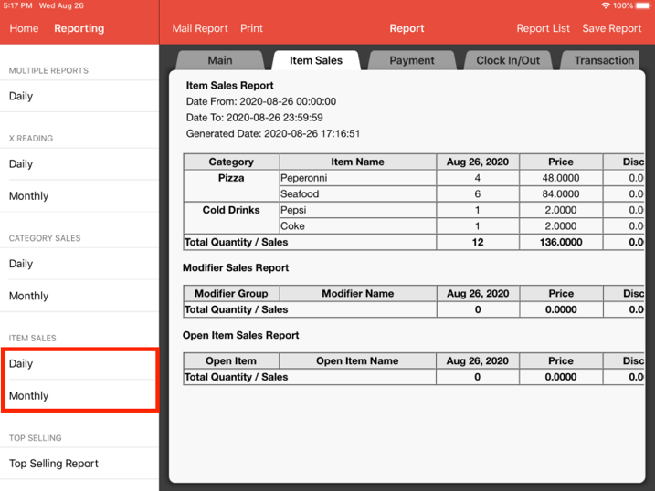 item sales multiple reports