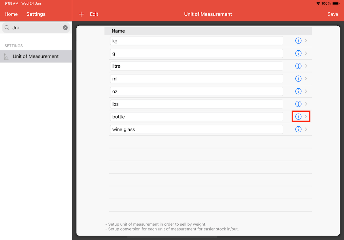 mobi-pos info button for each unit in uom