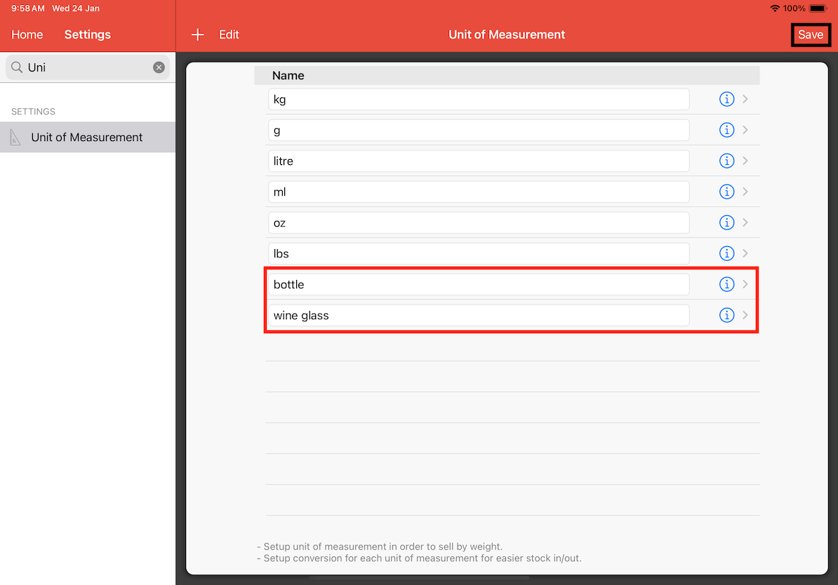 mobi-pos add units to unit of measurement