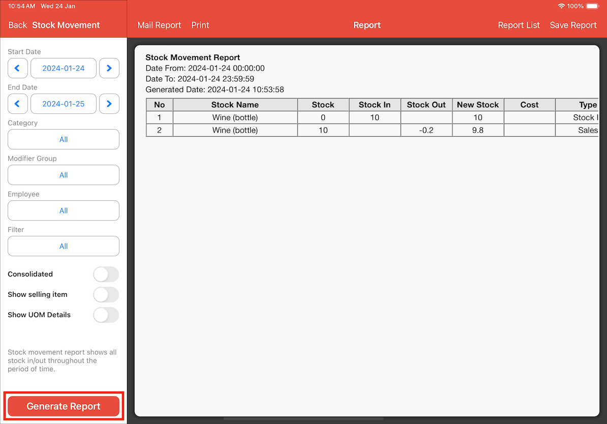 mobi-pos generate report