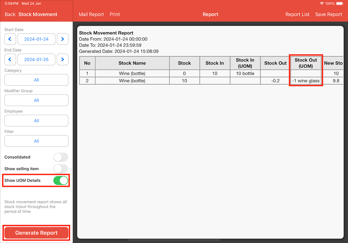 mobi-pos UOM generate report