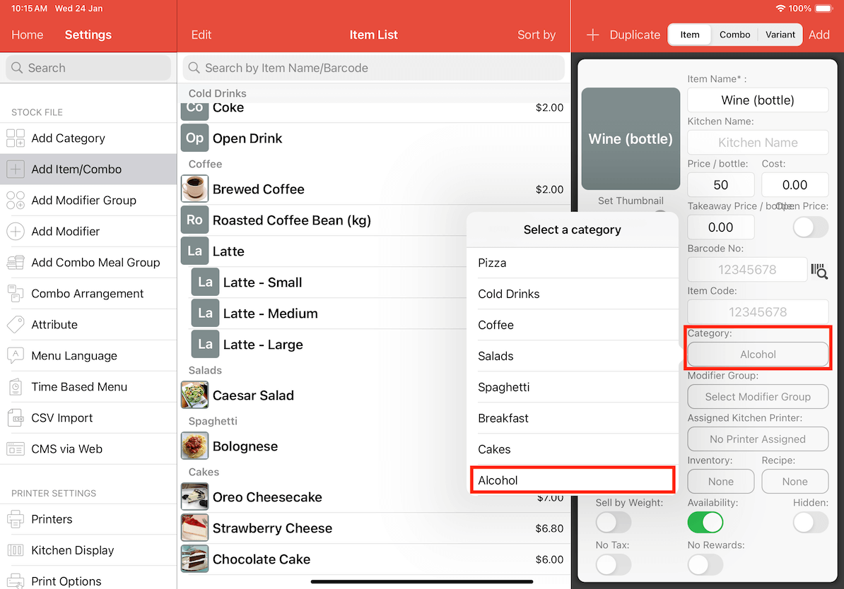 mobi-pos add category alcohol to wine bottle and wine glass