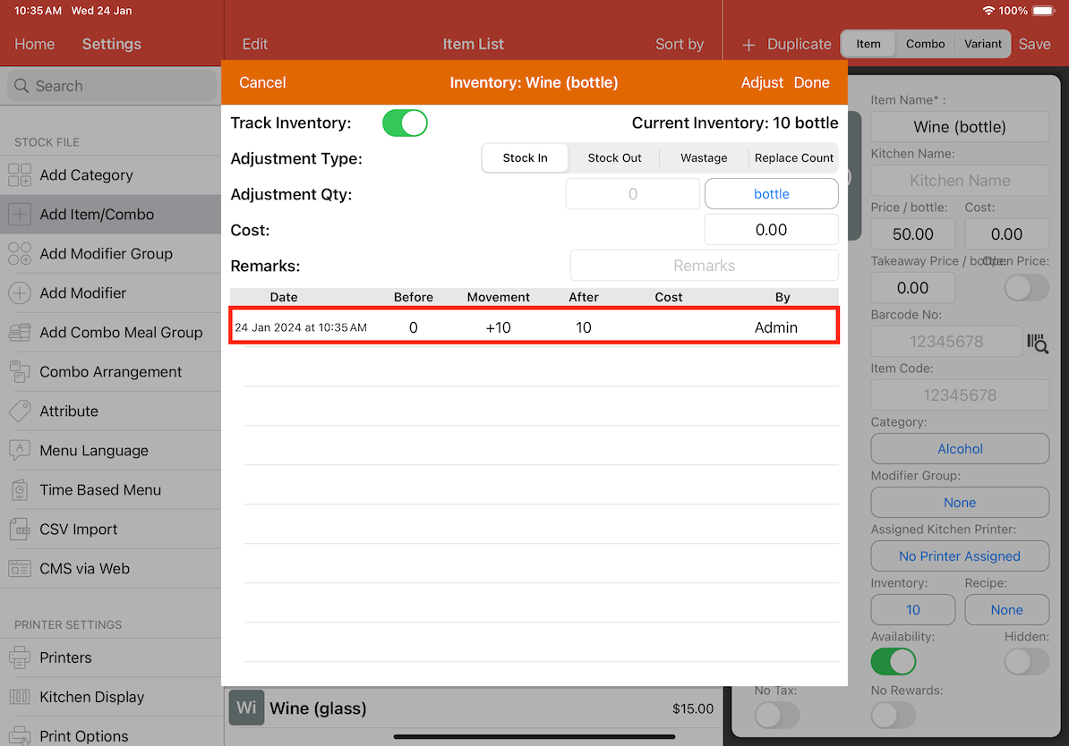 mobi-pos remark of wine bottle inventory