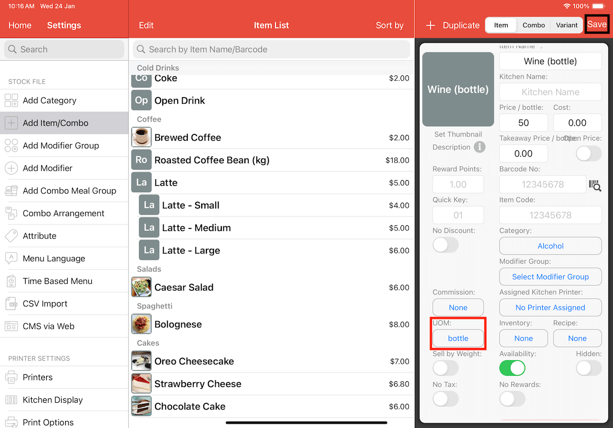 mobi-pos save uom for wine bottles
