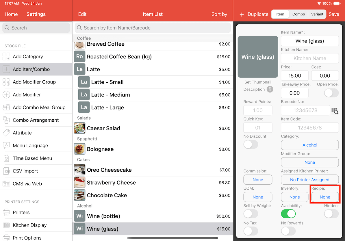 mobi-pos recipe in add item/combo