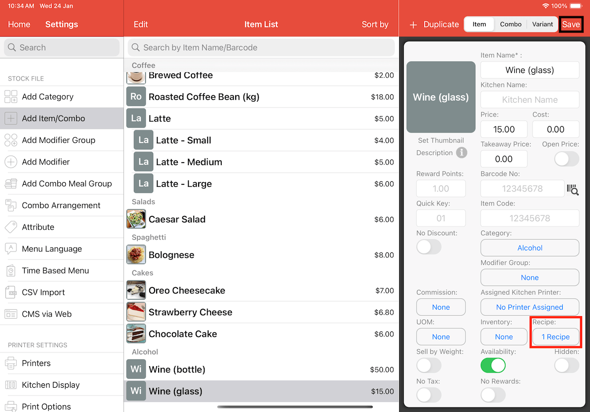 mobi-pos save recipe