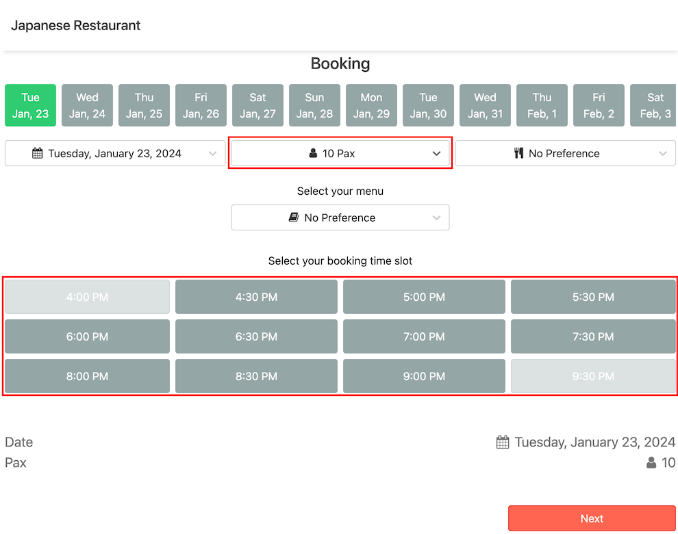 mobi-pos booking for 10pax with max capacity of 10pax