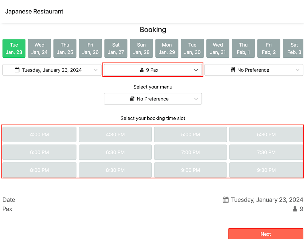 mobi-pos booking for 9pax with max capacity of 8pax