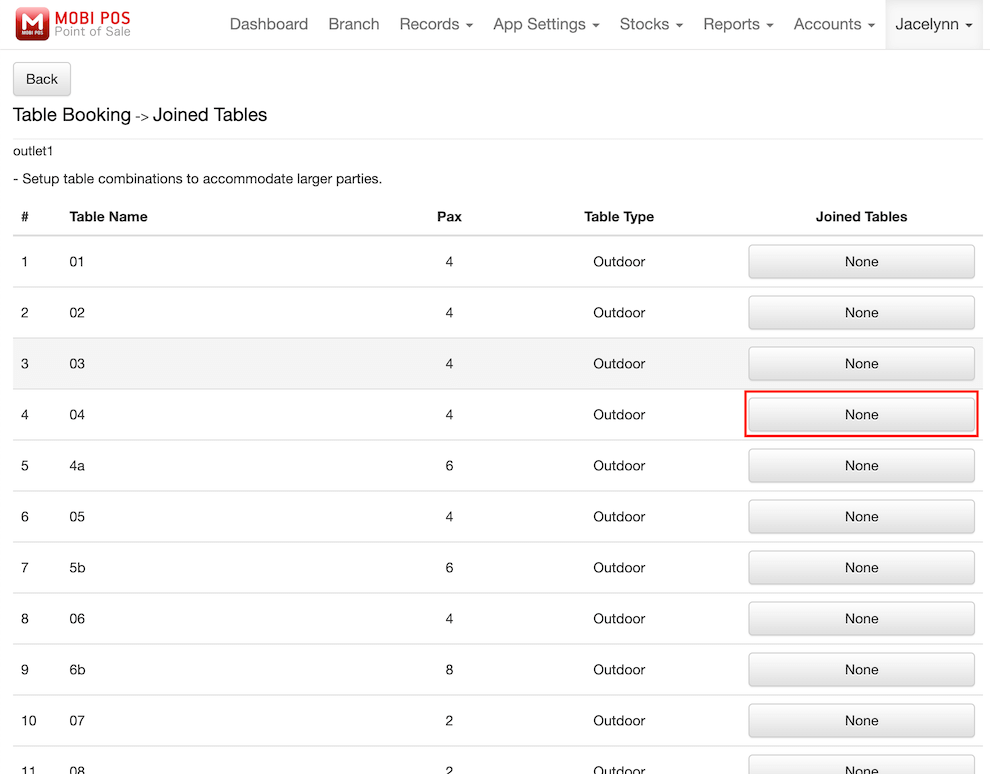 mobi-pos joined tables page