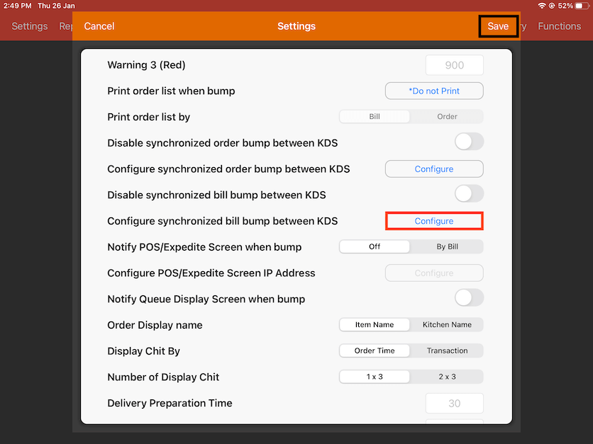 configure synchronized bill bump between kds