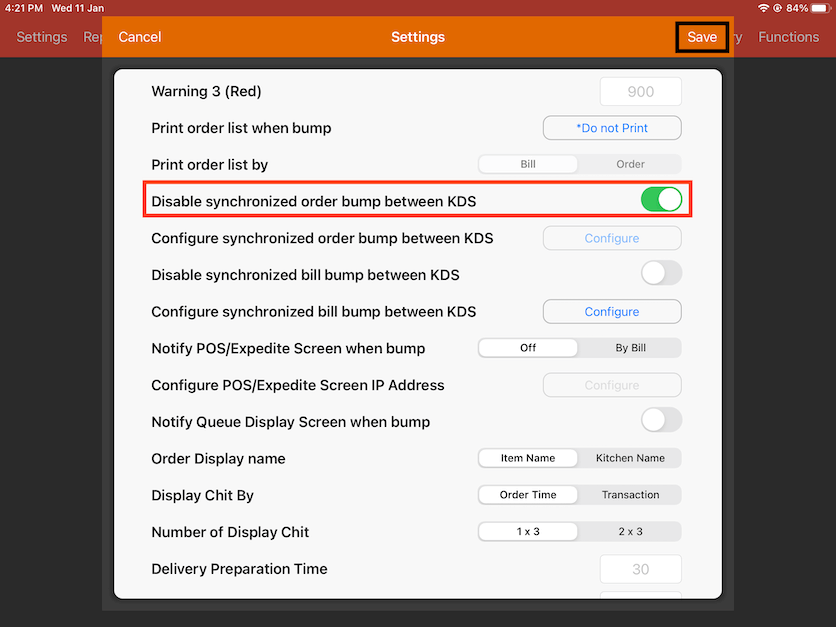 disable synchronized order bump between kds