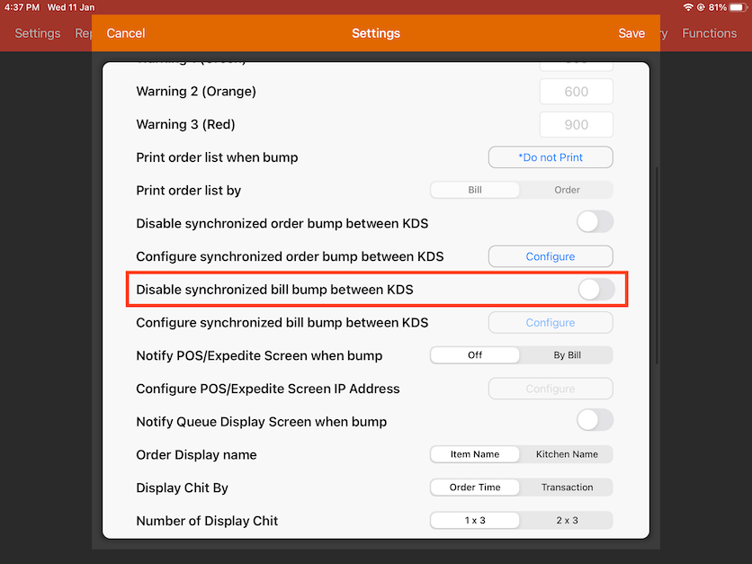 enable synchronized bill bump between kds