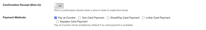 mobi pos dine in configuration confirmation receipt and payment method