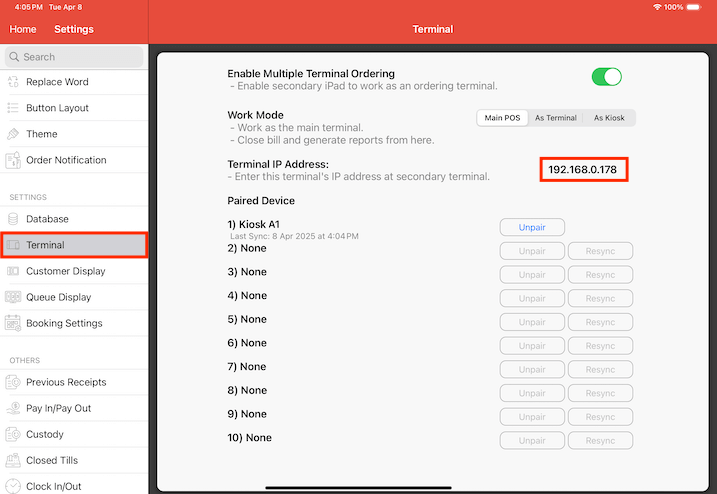 pos system ipad terminal ip address