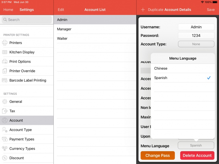 pos system change account menu language