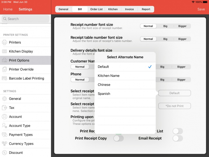 pos system select alternate language name printing