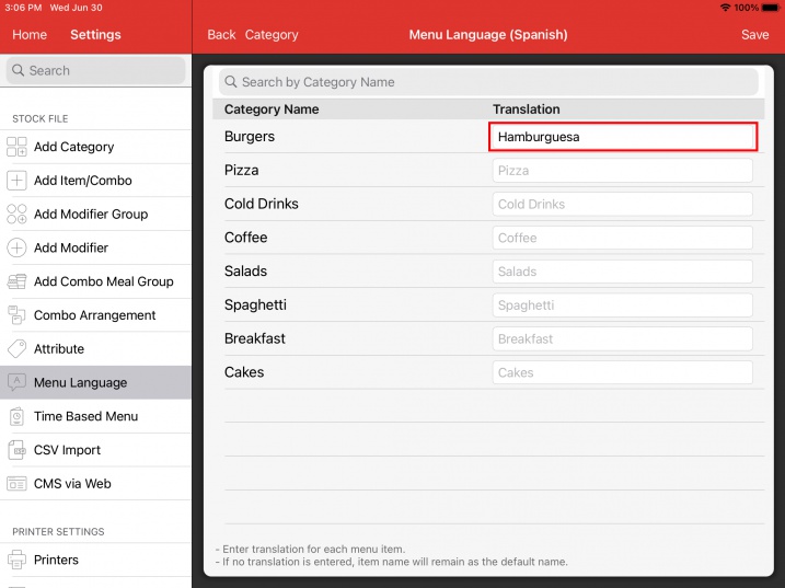 pos system translate category to different language