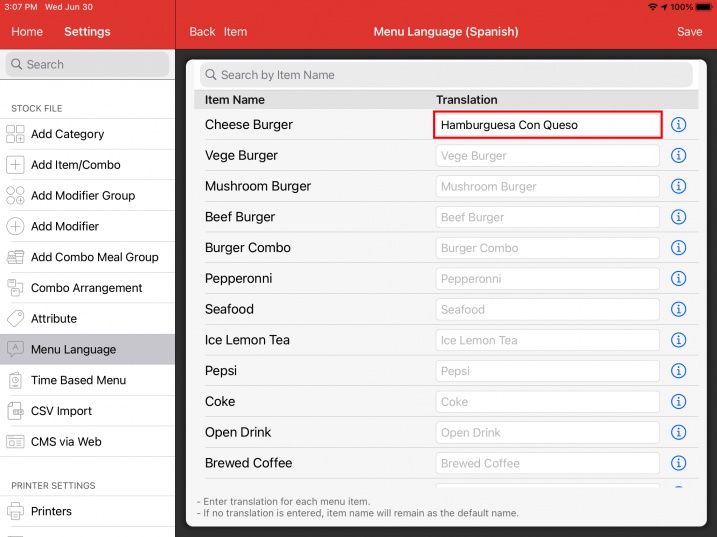 pos system translate item name to alternate language