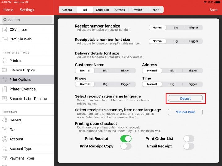 pos system change receipt item name language settings