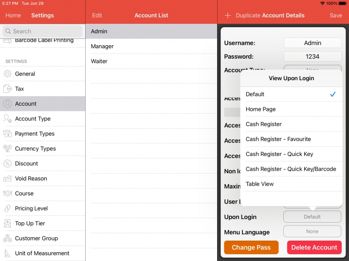 pos system assign account view upon login