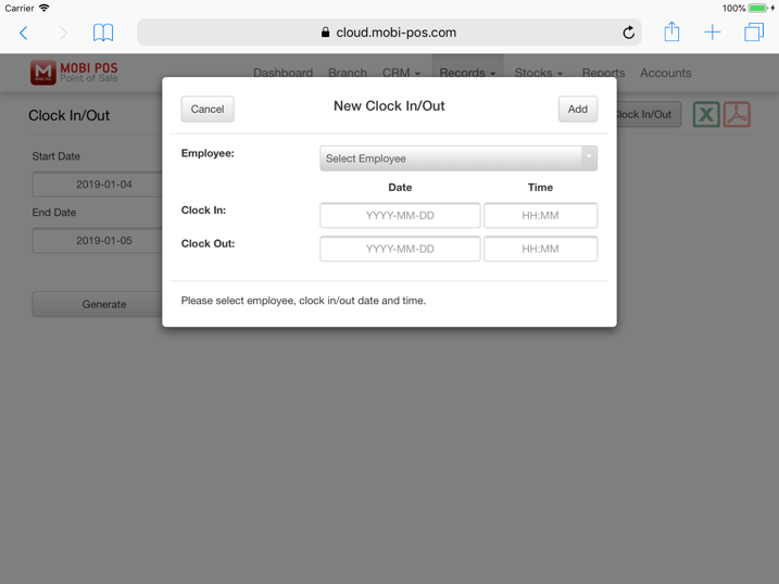 pos system cloud add clock in out details settings icon