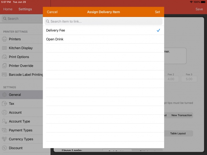 pos system assign delivery fee item