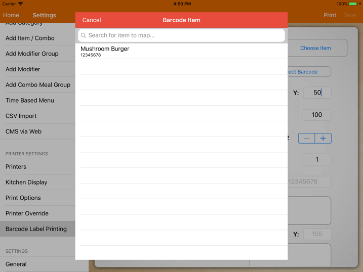 pos system barcode items list settings