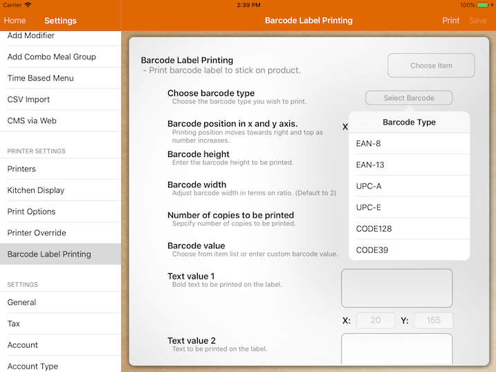 pos system barcode label printing barcode type settings