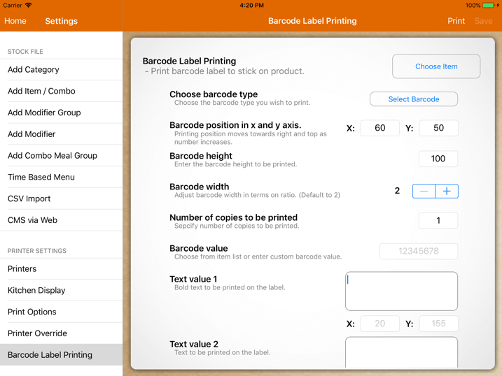 pos system barcode label printing settings